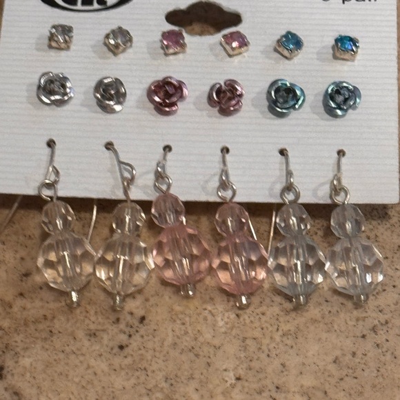 Silver Blue and Pink Metallic Crystal Dangle Earring Set - Picture 2 of 6